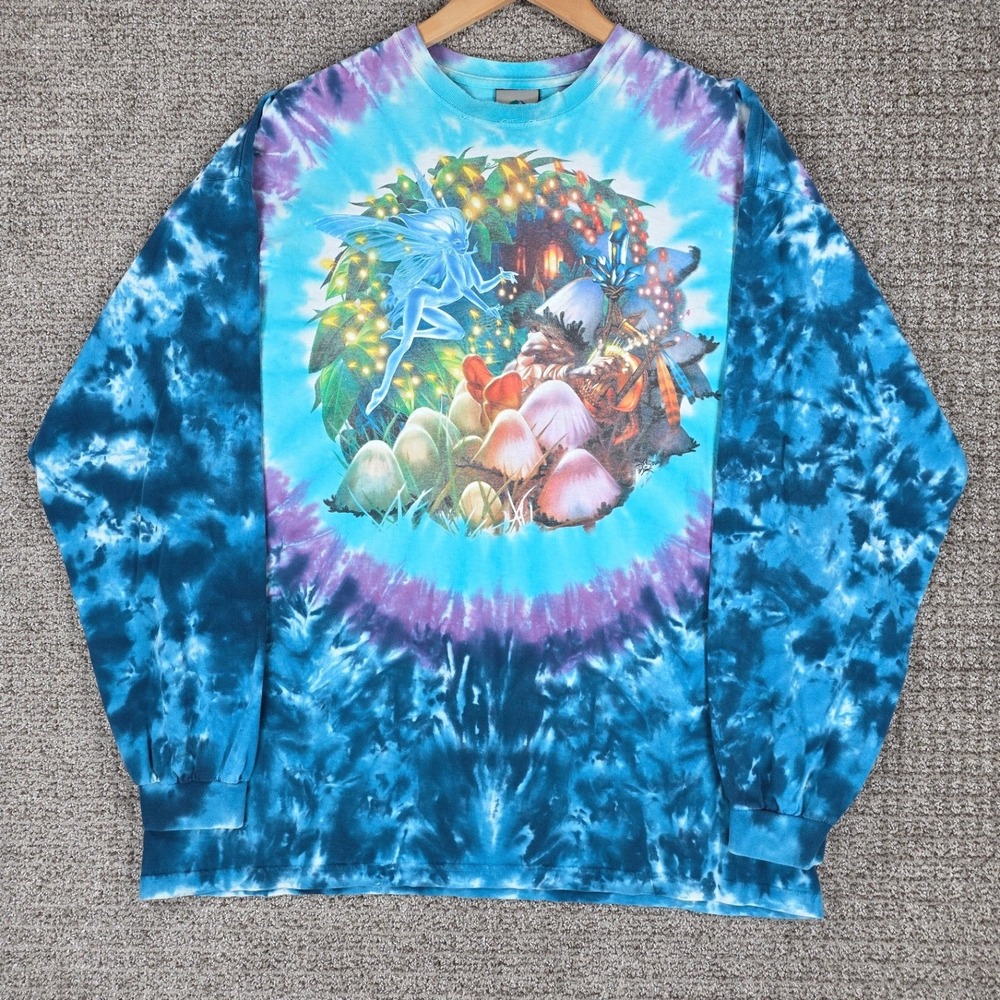 Vintage 1999 Liquid Blue Fairy Mushroom Garden Tie Dye Long Sleeve Shirt Mens XL